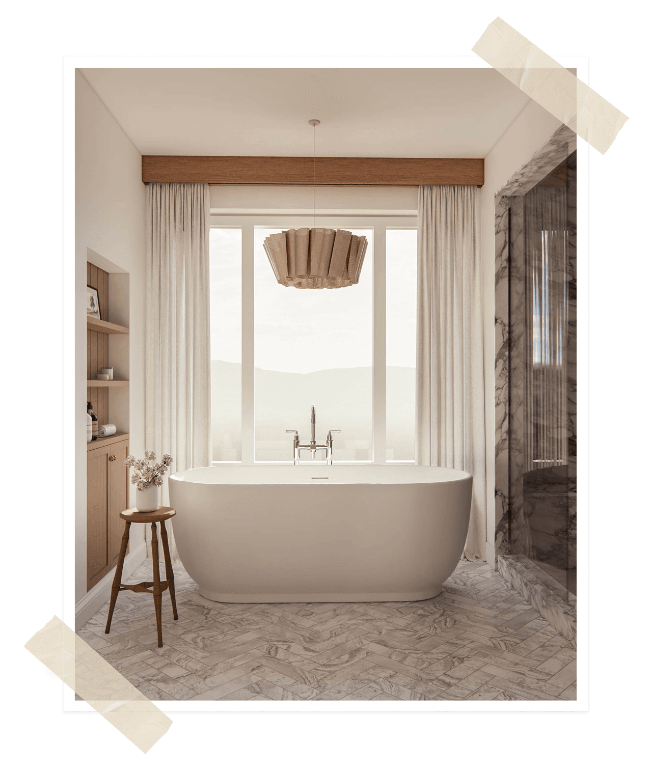 Sodobna kopalnica v kombinaciji lesa in marmorja